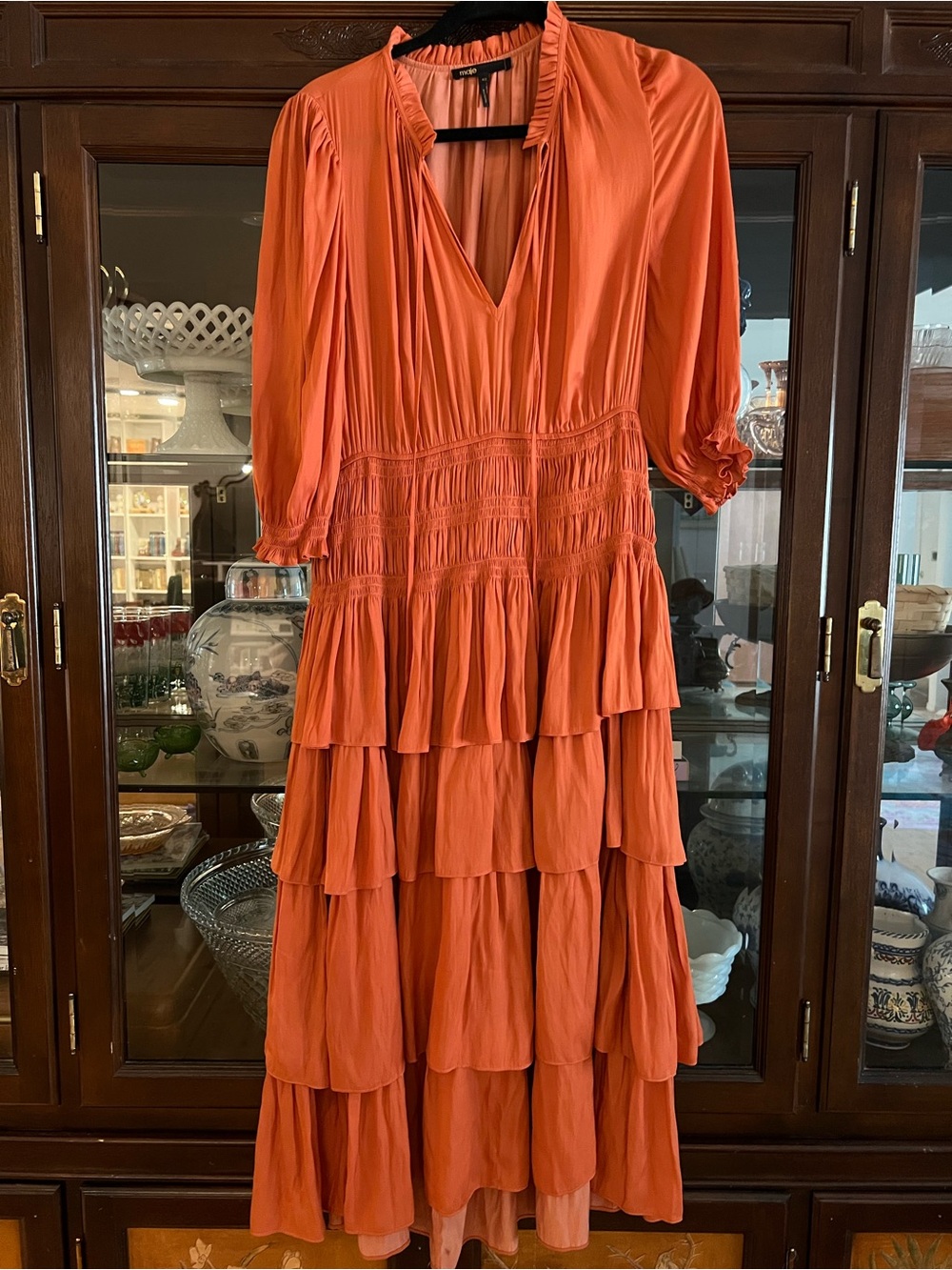 Maje Radjinette tiered satin rust dress - Picture 6 of 9